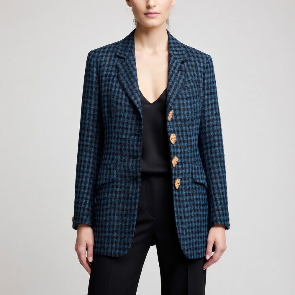 Romeo Gigli 100% Silk Gingham Blazer Blue Black Italian Designer Jacket 42 Small